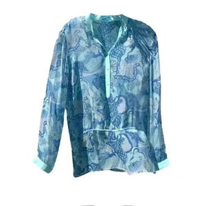 J.McLaughlin Sheer Paisley Tunic Style Top Drawstring Waist Size 8